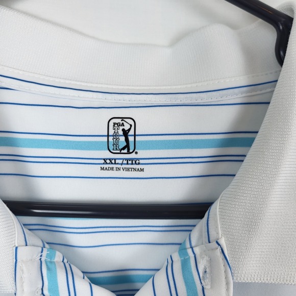 PGA Tour Polo Shirt Mens XXL White Blue Striped Golf Short Sleeve Performance - Picture 2 of 4